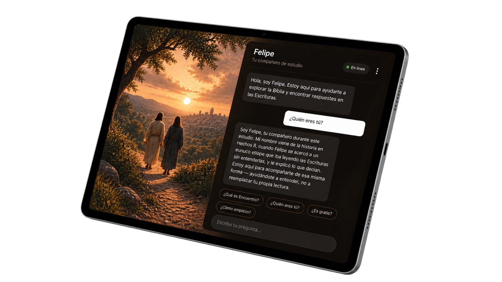 Un tablet mostrando la conversación con Felipe, el compañero de estudio de Encuentro