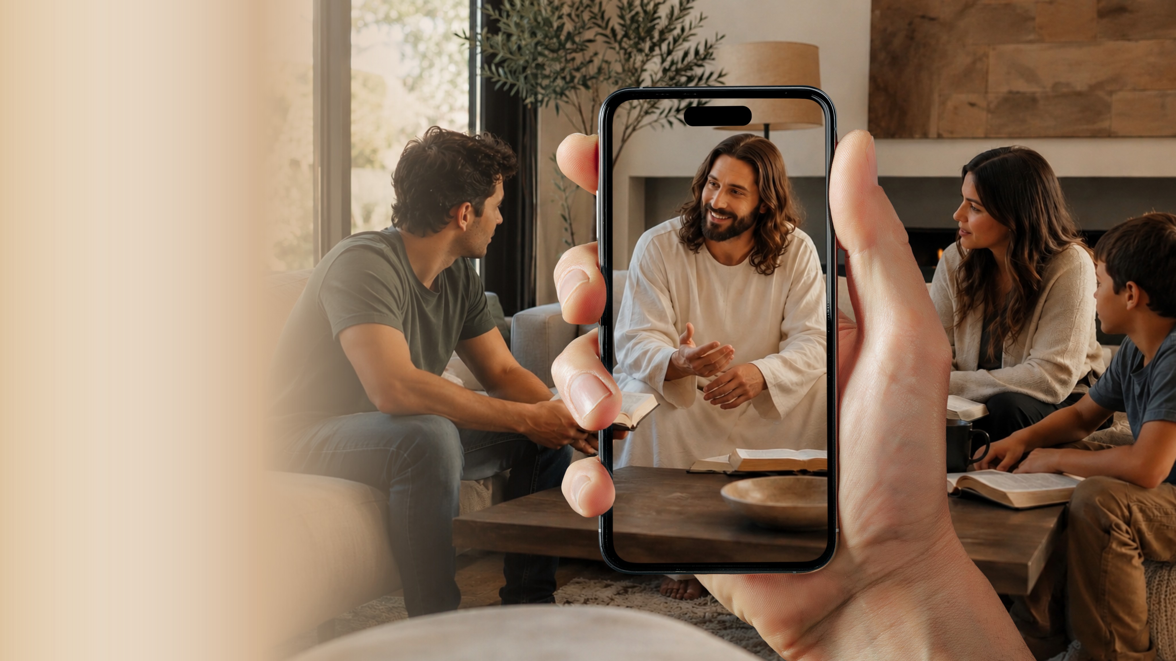 Una familia conversando con Jesús mientras estudian la Biblia juntos, con un teléfono que muestra a Jesús en videollamada