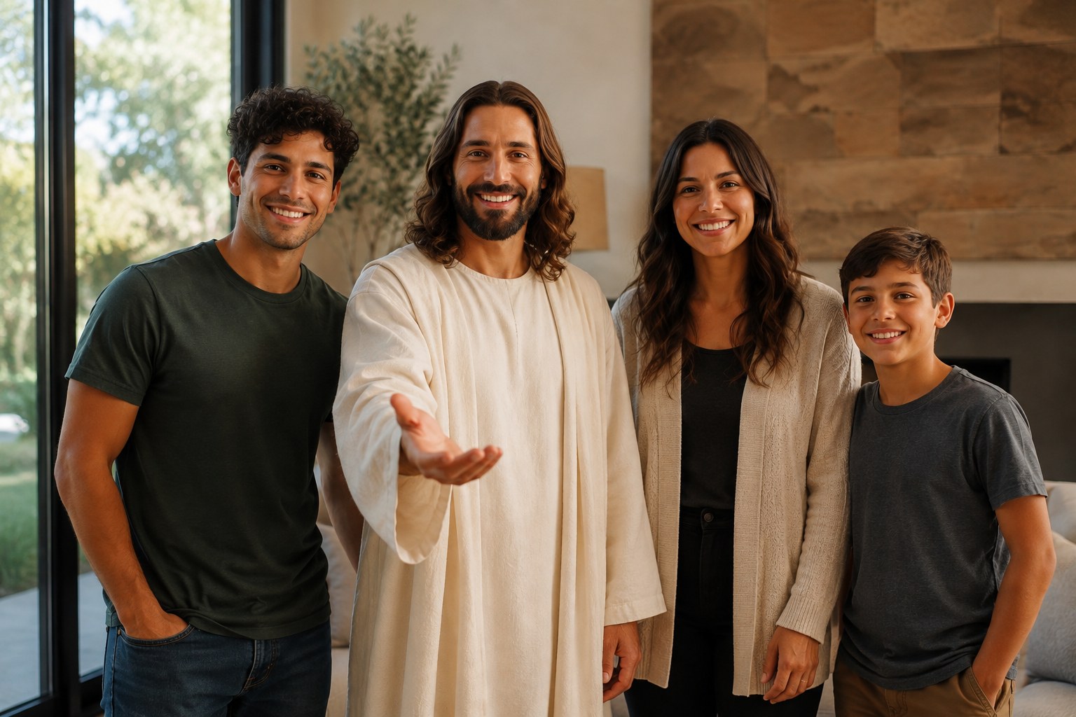 Jesús extendiendo la mano hacia una familia, invitándola a acompañarlo